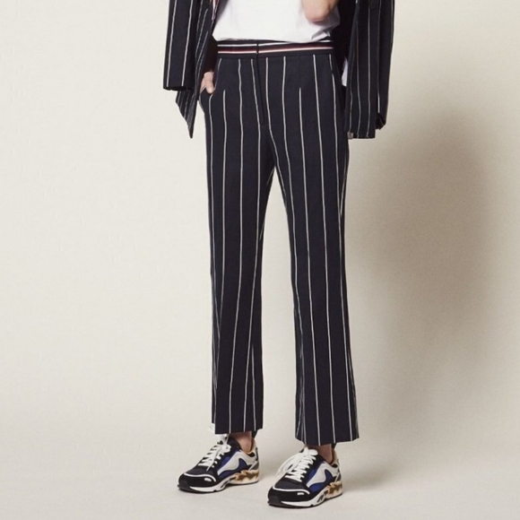 NWT Sandro Paris Blanche Marine Pinstripe Flare Pants